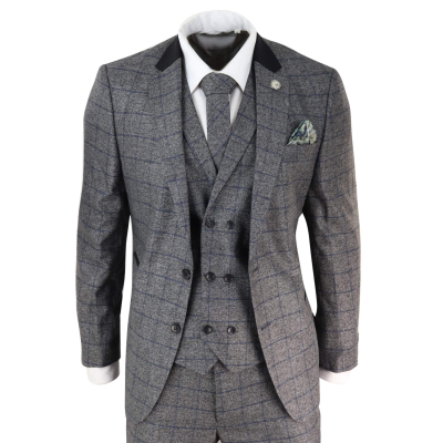 Mens Grey Blue Check 3 Piece Suit