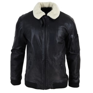 Mens Black Leather Bomber Jacket with White Collar