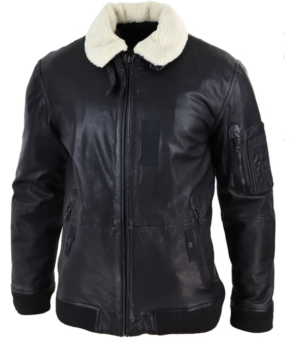 Mens Black Leather Bomber Jacket with White Collar