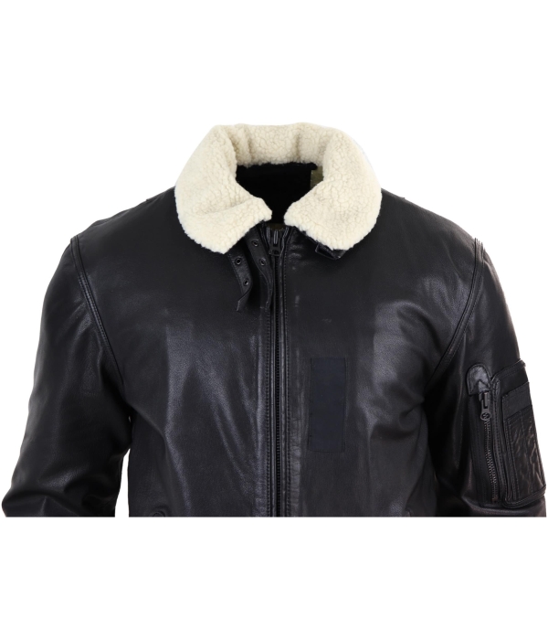 Mens Black Leather Bomber Jacket with White Collar