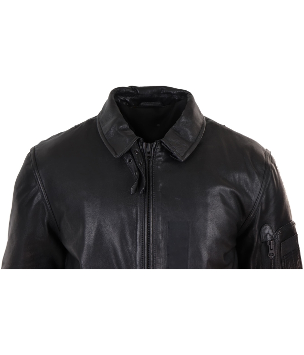 Mens Black Leather Bomber Jacket with White Collar