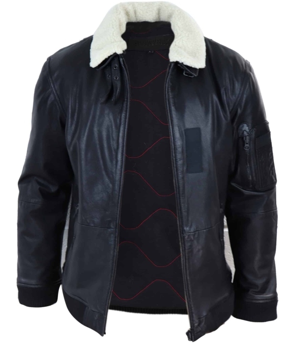 Mens Black Leather Bomber Jacket with White Collar