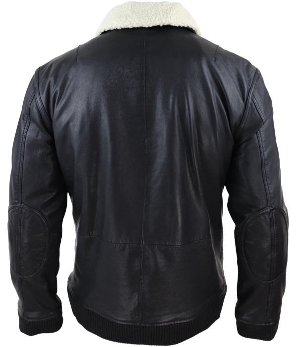 Mens Black Leather Bomber Jacket with White Collar