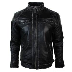 Real Leather Retro Style Zipped Mens Biker Jacket Soft Black Vintage Look