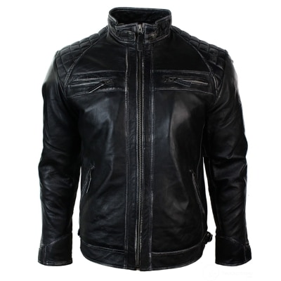 Real Leather Retro Style Zipped Mens Biker Jacket Soft Black Vintage Look