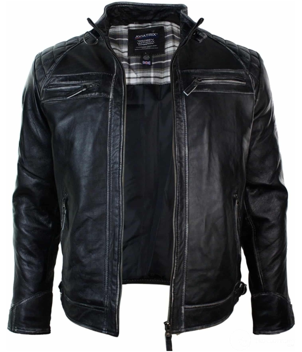 Real Leather Retro Style Zipped Mens Biker Jacket Soft Black Vintage Look