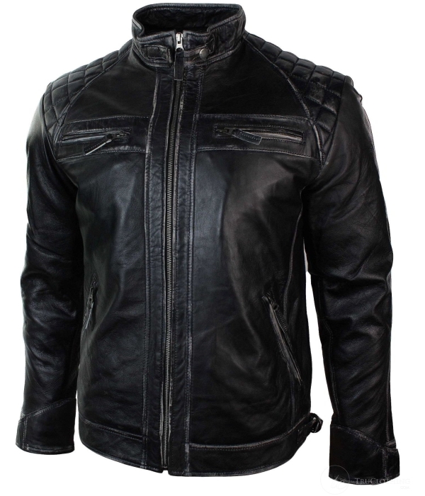 Real Leather Retro Style Zipped Mens Biker Jacket Soft Black Vintage Look