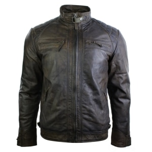 Real Leather Retro Style Zipped Mens Biker Jacket Soft Brown Vintage Look