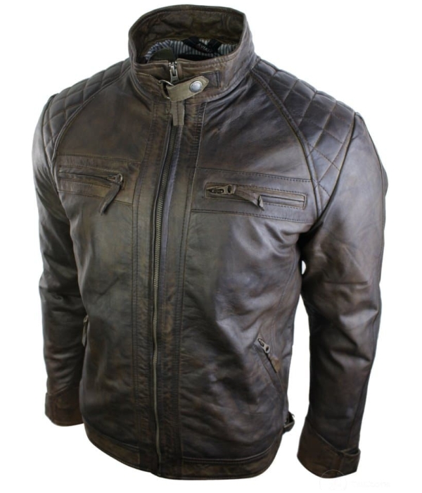 Real Leather Retro Style Zipped Mens Biker Jacket Soft Brown Vintage Look