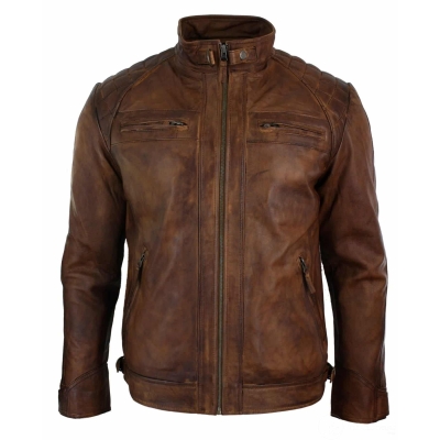 Real Leather Retro Style Zipped Mens Biker Jacket Soft Timber Vintage Look