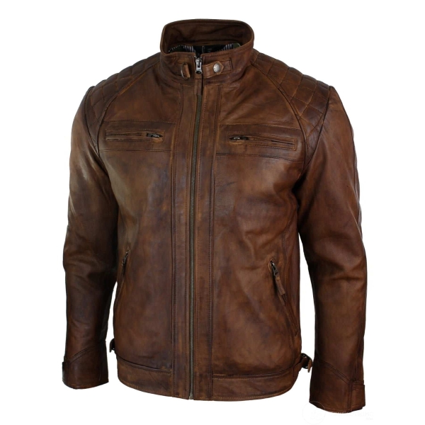 Real Leather Retro Style Zipped Mens Biker Jacket Soft Timber Vintage Look