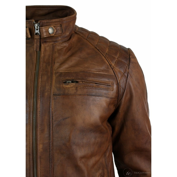 Real Leather Retro Style Zipped Mens Biker Jacket Soft Timber Vintage Look