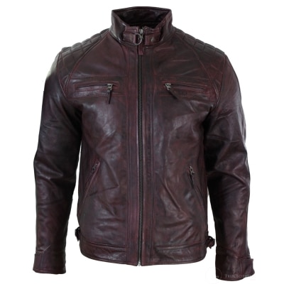 Real Leather Retro Style Zipped Mens Biker Jacket Soft Wine Vintage Look