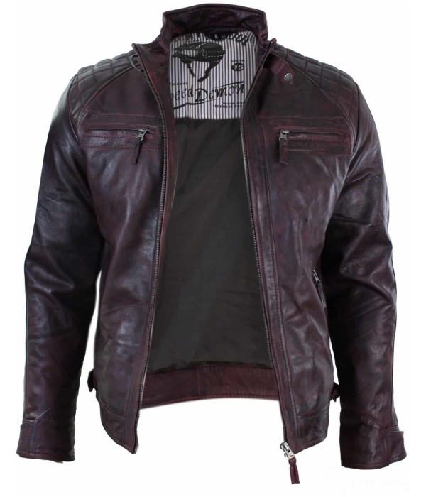 Real Leather Retro Style Zipped Mens Biker Jacket Soft Wine Vintage Look