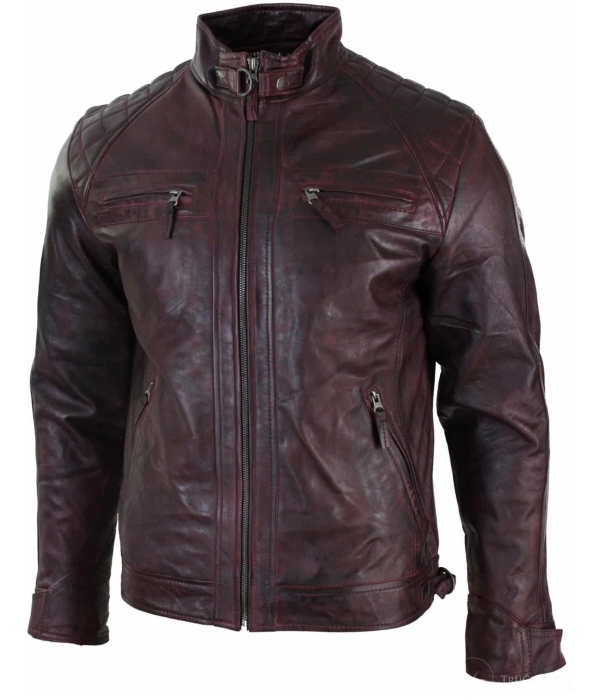 Real Leather Retro Style Zipped Mens Biker Jacket Soft Wine Vintage Look