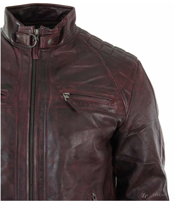 Real Leather Retro Style Zipped Mens Biker Jacket Soft Wine Vintage Look