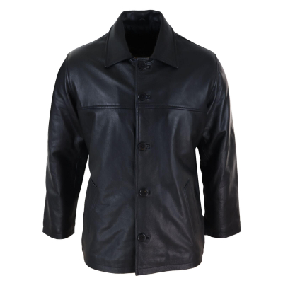 Men Mid Black Length Classic Leather Coat