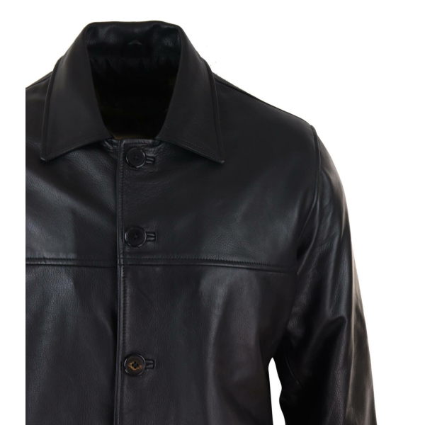 Men Mid Black Length Classic Leather Coat