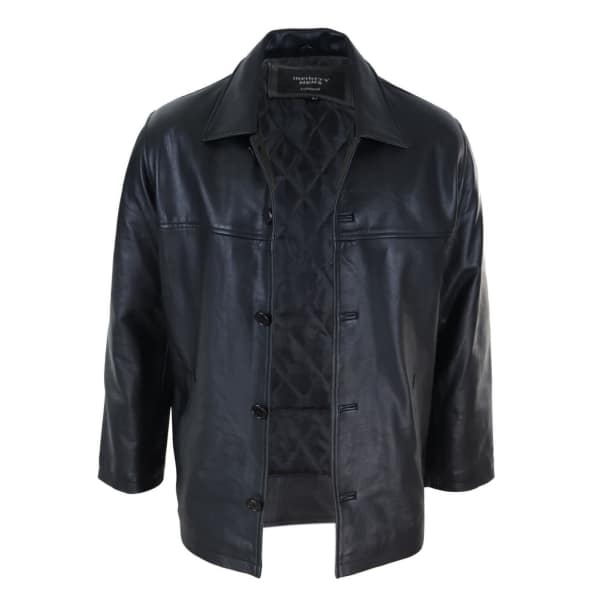 Men Mid Black Length Classic Leather Coat