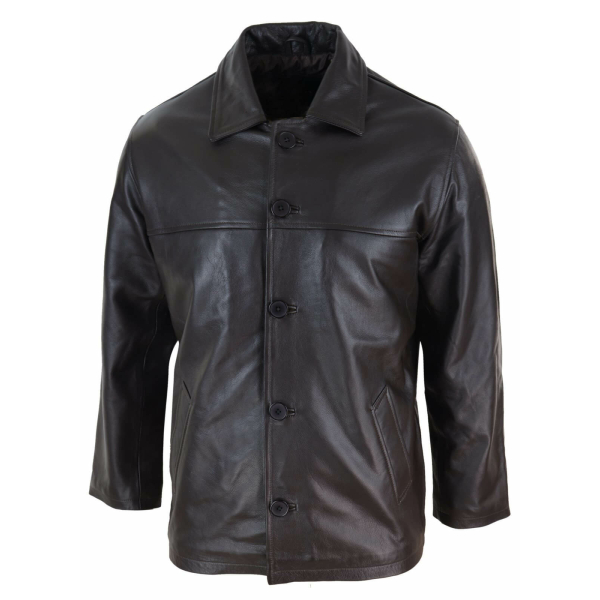 Men Mid Brown Length Classic Leather Coat