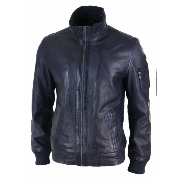 Real Leather Autumn Jacket with High Neck for Mens - Navy Color