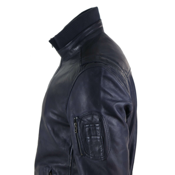 Real Leather Autumn Jacket with High Neck for Mens - Navy Color