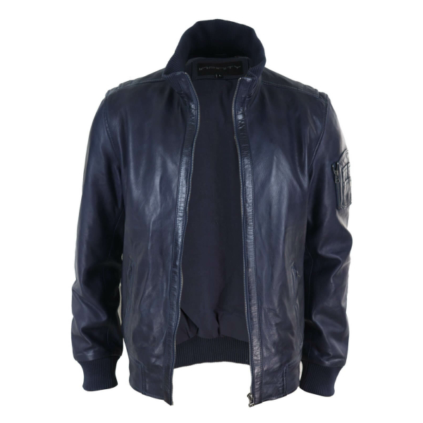 Real Leather Autumn Jacket with High Neck for Mens - Navy Color