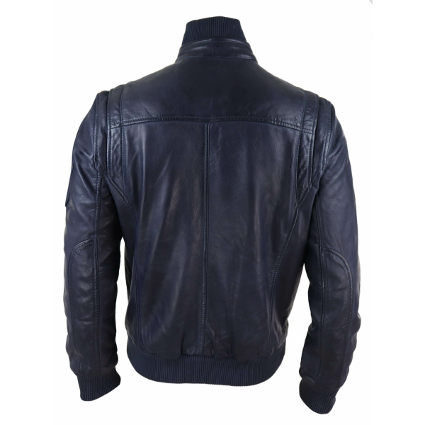 Real Leather Autumn Jacket with High Neck for Mens - Navy Color