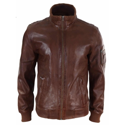 Real Leather Autumn Jacket with High Neck for Men - Timber Colour