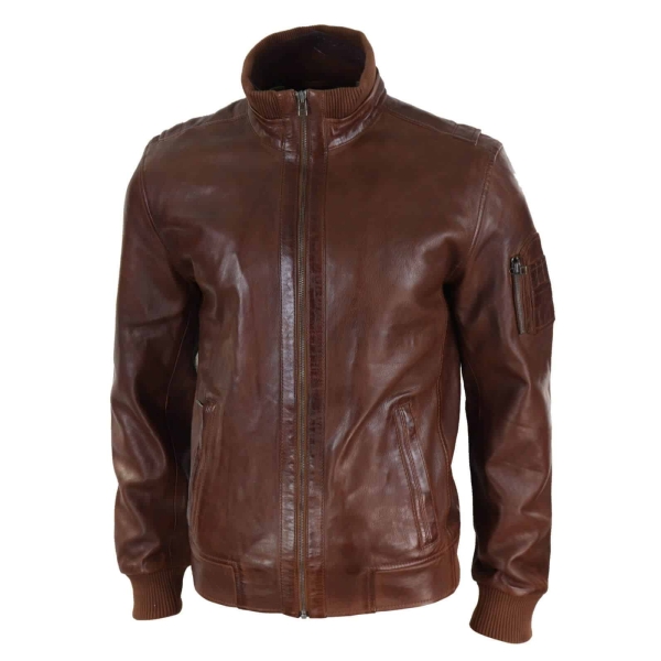 Real Leather Autumn Jacket with High Neck for Men - Timber Colour