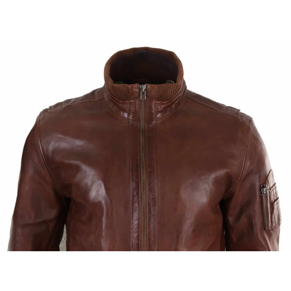 Real Leather Autumn Jacket with High Neck for Men - Timber Colour