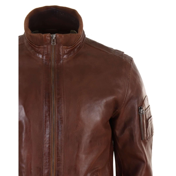 Real Leather Autumn Jacket with High Neck for Men - Timber Colour