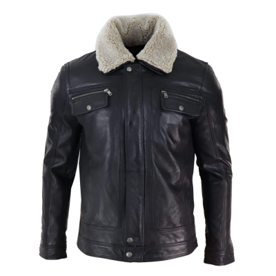 Mens Black brown Real Leather Jacket Sheepskin Collar Short Zip Button - Black