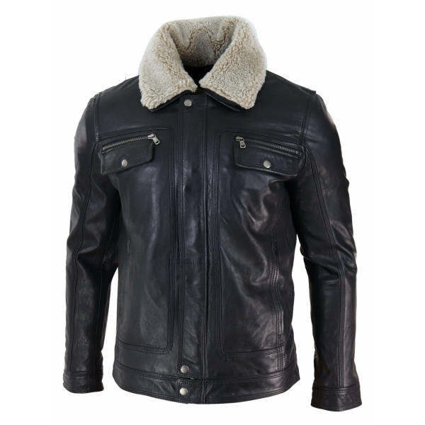 Mens Black brown Real Leather Jacket Sheepskin Collar Short Zip Button - Black