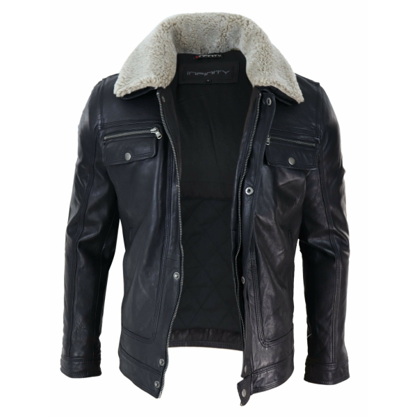 Mens Black brown Real Leather Jacket Sheepskin Collar Short Zip Button - Black