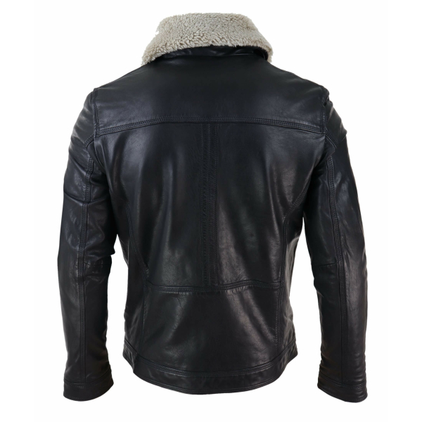 Mens Black brown Real Leather Jacket Sheepskin Collar Short Zip Button - Black