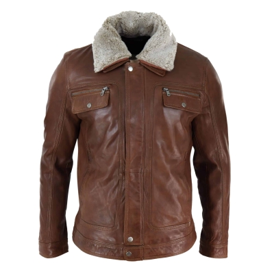 Mens Black brown Real Leather Jacket Sheepskin Collar Short Zip Button - Timber