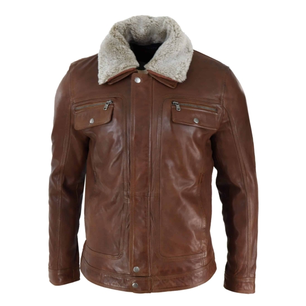 Mens Black brown Real Leather Jacket Sheepskin Collar Short Zip Button - Timber