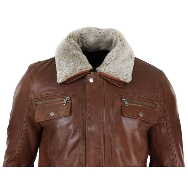 Mens Black brown Real Leather Jacket Sheepskin Collar Short Zip Button - Timber