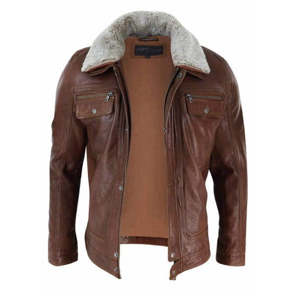 Mens Black brown Real Leather Jacket Sheepskin Collar Short Zip Button - Timber