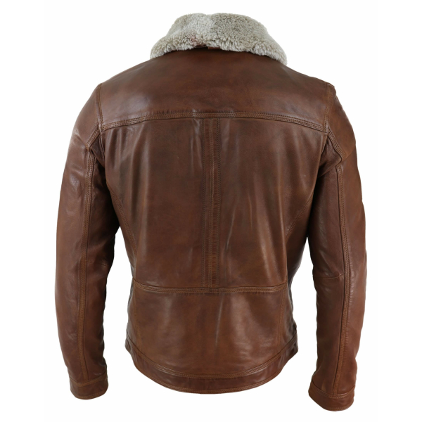 Mens Black brown Real Leather Jacket Sheepskin Collar Short Zip Button - Timber