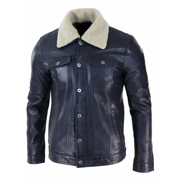 Mens Real Leather Jeans Jacket Fur Collar Retro Vintage Classic Navy Blue Casual