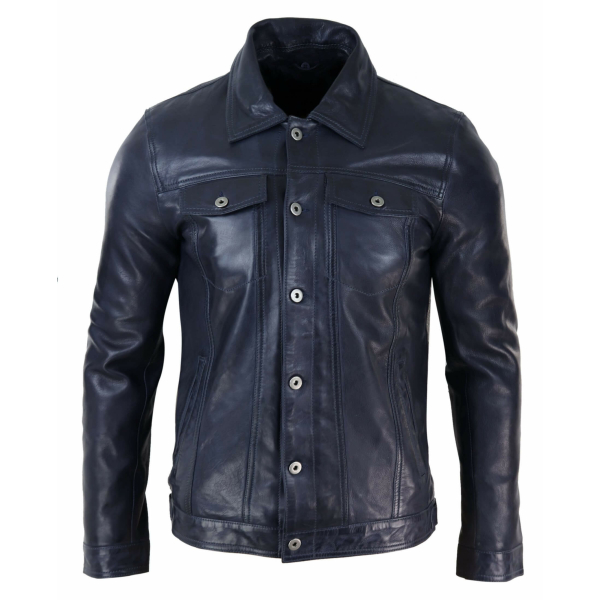 Mens Real Leather Jeans Jacket Fur Collar Retro Vintage Classic Navy Blue Casual