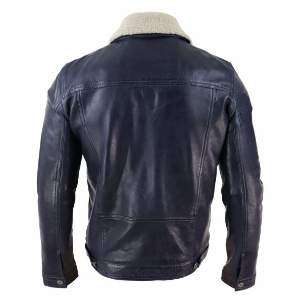 Mens Real Leather Jeans Jacket Fur Collar Retro Vintage Classic Navy Blue Casual