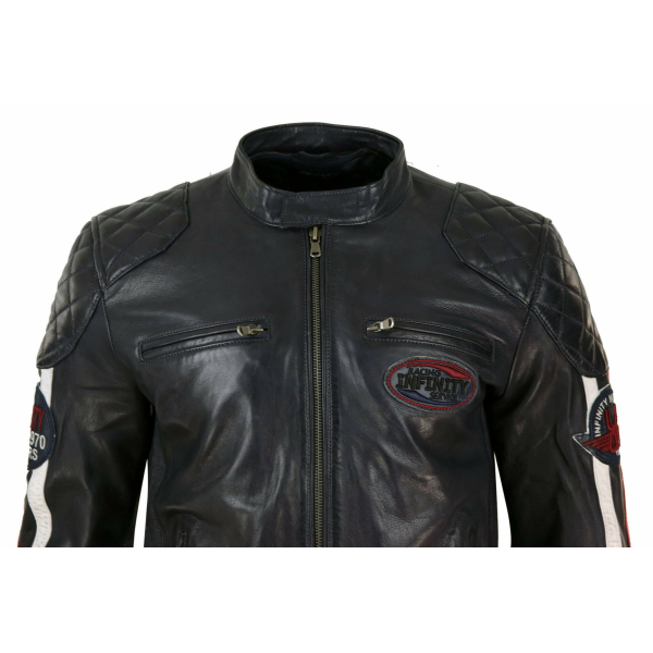 Real Leather Black Navy Brown Mens Racing Jacket Stripe Sleeves Moto Biker - Black