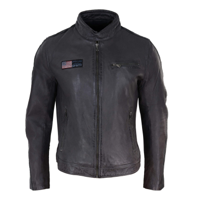 Real Leather Short Racing Mens Grey Jacket