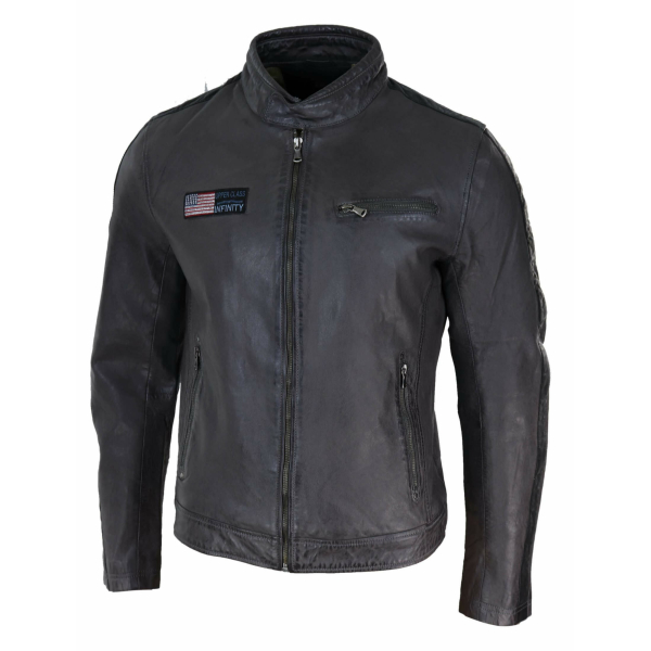 Real Leather Short Racing Mens Grey Jacket