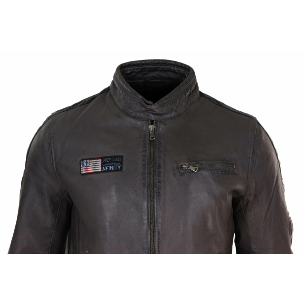 Real Leather Short Racing Mens Grey Jacket