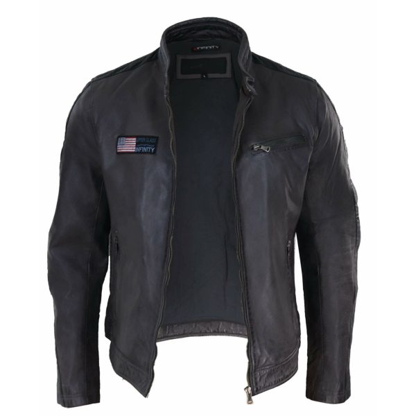 Real Leather Short Racing Mens Grey Jacket