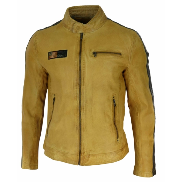 Real Leather Short Racing Mens Yellow Jacket